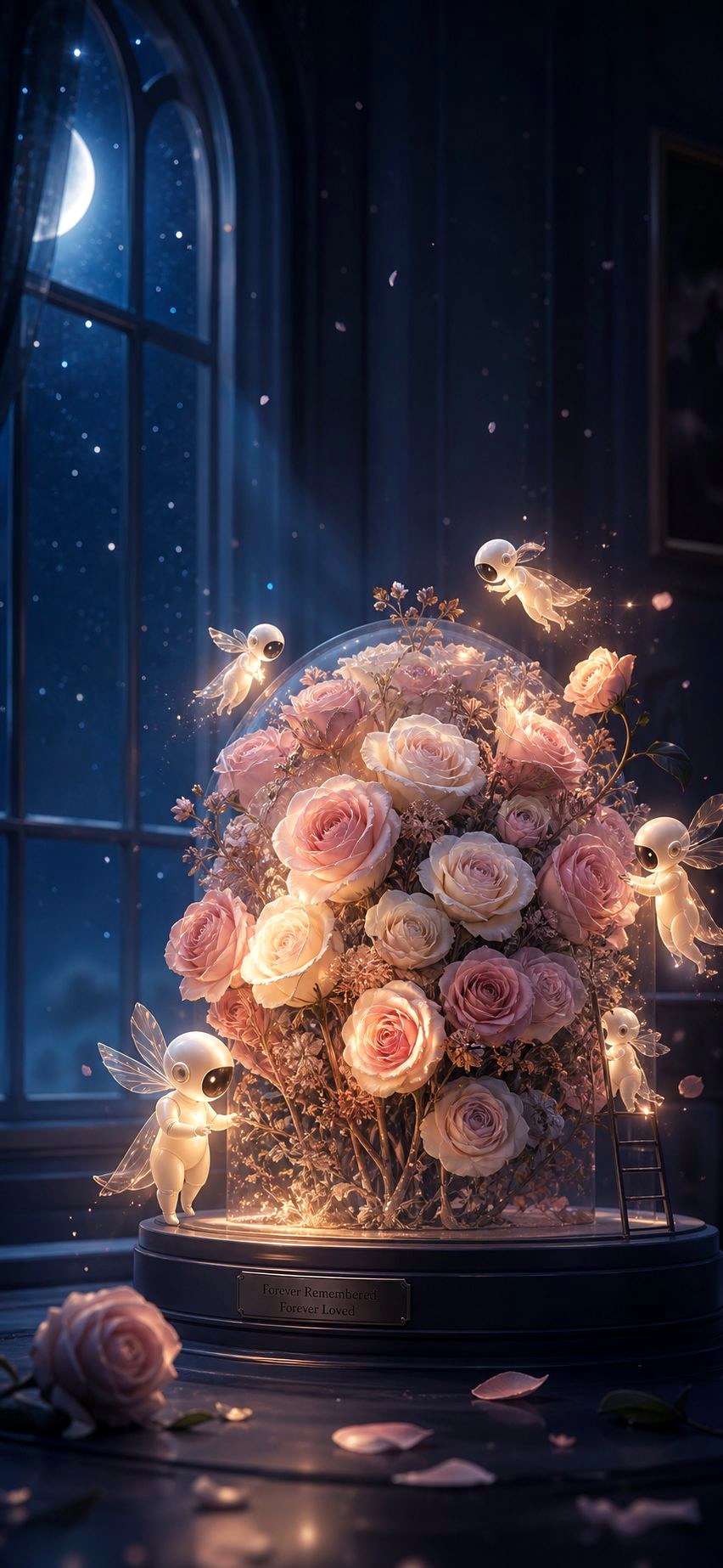 Glowing caretaker fairies tending a preserved bouquet of blush and cream roses under a glass dome, moonlit window behind