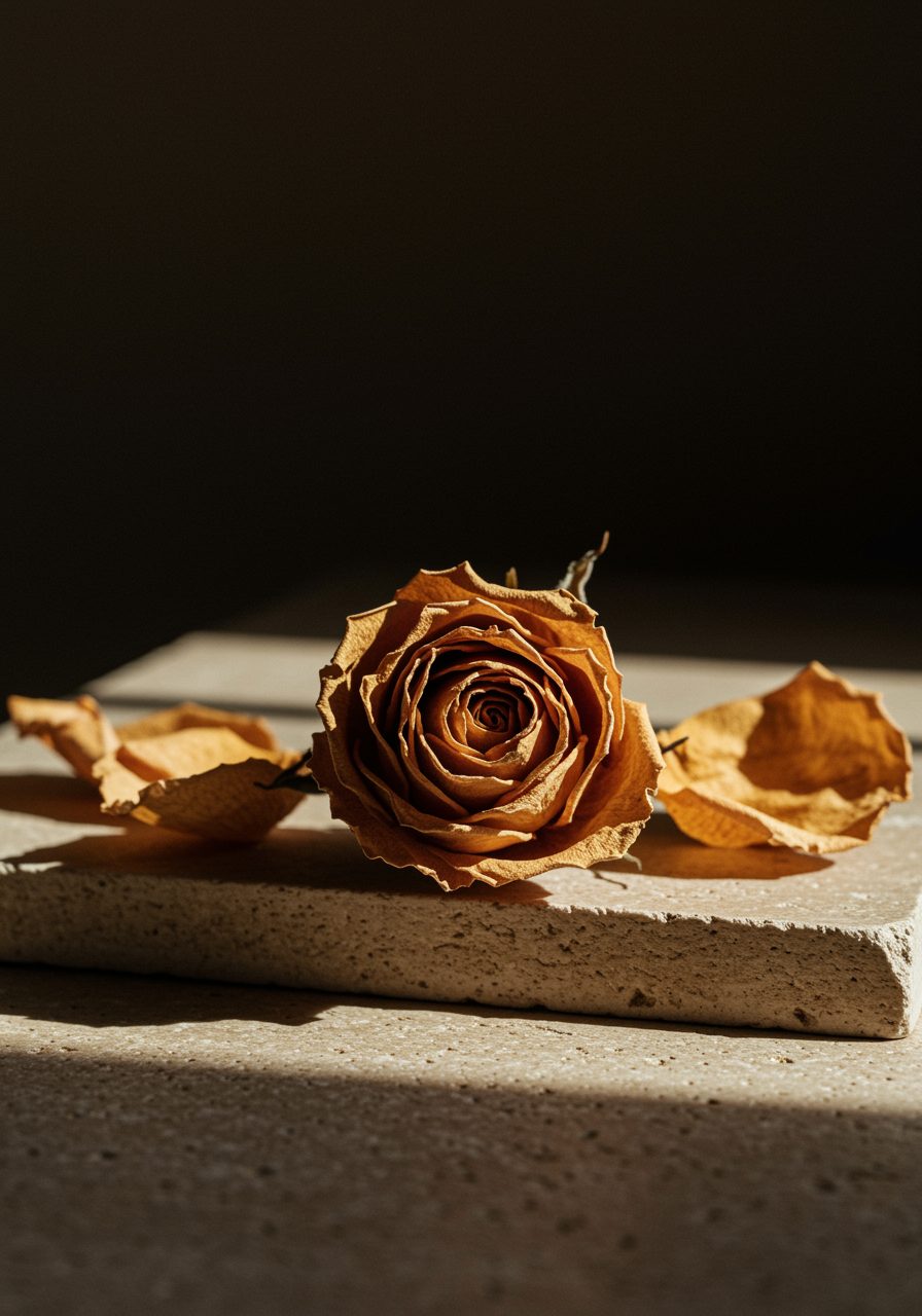A single preserved rose resting in warm directional light